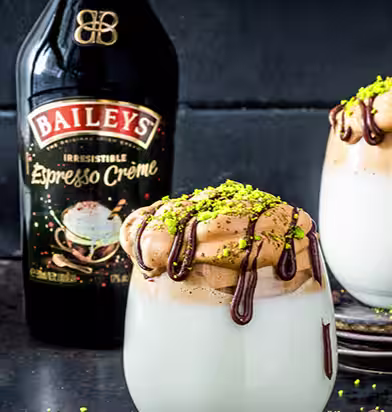 Dalgona with Baileys espresso cream and chocolate sauce