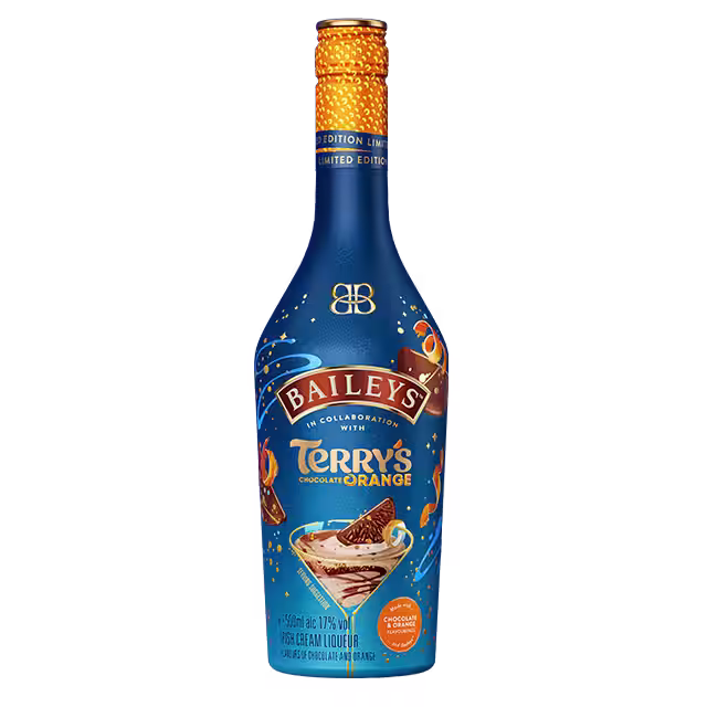 A rich, indulgent bottle of Baileys Terry’s Chocolate Orange, wrapped in royal blue design with swirls of orange melting chocolate illustrations.